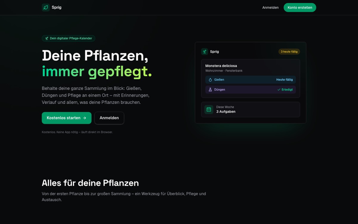Startseite von Sprig, der Pflanzenverwaltung